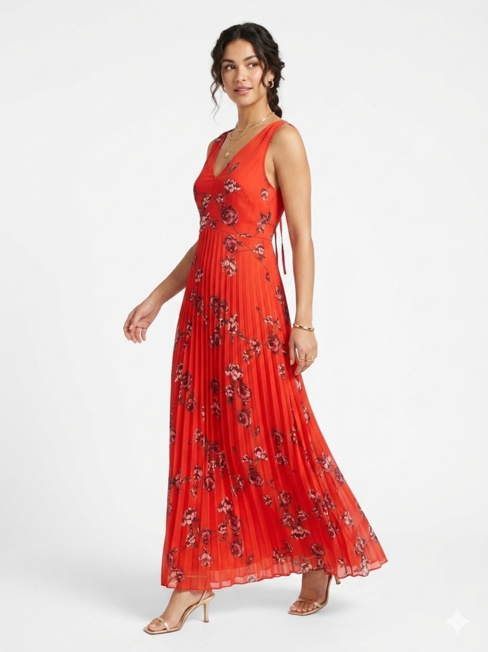 Lulus Red Orange Floral Pleated Maxi Dress SMALL V-Neck Tie Back Summer Wedding